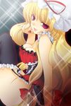  bad_id bad_pixiv_id banned_artist blonde_hair bottomless breasts bustier cleavage fingernails garter_belt hat konomi_(kino_konomi) large_breasts lingerie long_fingernails long_hair nail_polish pinky_out red_eyes solo thighhighs touhou underwear yakumo_yukari 