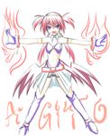  agito_(nanoha) belt boots demon_wings fire gloves hagane_soushi long_hair low_wings lyrical_nanoha magical_girl mahou_shoujo_lyrical_nanoha_strikers midriff quad_tails red_hair sketch solo wings 