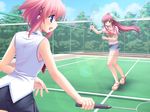  badminton badminton_racket casual feet futaba_hinata green_eyes hoshiful ikegami_akane long_hair multiple_girls non-web_source pink_hair ponytail purple_eyes racket sandals short_hair takatsuka_mizuki 