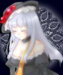  bad_id bad_pixiv_id breasts choker closed_eyes flower frills hat hime_cut kanene_nono long_hair lowres medium_breasts rose sash silver_hair solo umineko_no_naku_koro_ni virgilia 