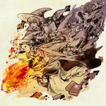  3boys arc_(ff3) bad_id bad_pixiv_id black_mage book final_fantasy final_fantasy_iii fire flying_paper gradient hat hitasura ingus lowres luneth magic monochrome multiple_boys paper refia robe spot_color star witch_hat 