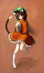  animal_ears bell binayu brown_hair cat_ears cat_tail chen hat multiple_tails red_eyes short_hair socks solo tail tail_bell touhou 