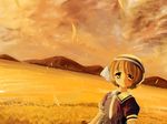  bad_id bad_pixiv_id brown_eyes brown_hair clannad dress hat highres landscape okazaki_ushio rukaori short_hair solo sunset 