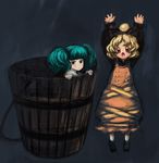  \o/ arms_up binayu blonde_hair bucket green_eyes green_hair hair_ribbon in_bucket in_container kisume kurodani_yamame multiple_girls outstretched_arms red_eyes ribbon touhou wooden_bucket 