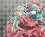  :p ;p argyle argyle_background bad_id bad_pixiv_id bonnet bow cane cosplay dress green_eyes green_hair hatsune_miku long_hair one_eye_closed purinko rozen_maiden shinku shinku_(cosplay) solo tongue tongue_out twintails vocaloid 