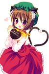  animal_ear_fluff animal_ears brown_hair cat_ears cat_tail chen chocolate fang happy_valentine hat heart heart_tail holding jewelry meito_(maze) multiple_tails open_mouth purple_eyes short_hair simple_background single_earring smile solo tail touhou valentine 