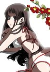  amagi_yukiko ass bikini brown_eyes brown_hair camellia flower long_hair looking_back lying on_stomach persona persona_4 solo swimsuit tako_(takoyakill) 