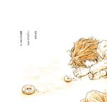  death_note doughnut food l_(death_note) lying male_focus monochrome simple_background sleeping solo text_focus translated 