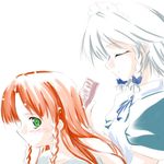  blush braid closed_eyes green_eyes hair_brush hair_brushing hong_meiling izayoi_sakuya maid multiple_girls red_hair ribbon tenkasu_(murazaki) touhou twin_braids white_hair 