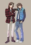  bad_id bad_pixiv_id baggy_pants belt blazer boots brothers brown_hair dress_shirt eyepatch fashion gloves green_eyes gundam gundam_00 jacket lockon_stratos lyle_dylandy male_focus multiple_boys necktie neil_dylandy pants plaid saitou_ataru scarf shirt siblings simple_background twins urban_style vest 