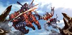  claws cloud damaged day gun mecha mercy_rabbit no_humans rez_tiger running sparks sword teeth tiger velociraptor watermark weapon zoids zoids_generations 