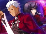  1girl archer black_hair blue_eyes dark_skin dark_skinned_male fate/stay_night fate/unlimited_codes fate_(series) grey_eyes hair_down higurashi_ryuuji kanshou_&amp;_bakuya older one_eye_closed resizing_artifacts sword toosaka_rin weapon white_hair 