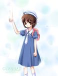  backpack bag brown_eyes brown_hair clannad dress hat okazaki_ushio sailor_dress short_hair solo suzutama translated 