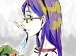  bad_id bad_pixiv_id blue_eyes feathers flcl glasses gym_uniform kansai_local long_hair looking_back ninamori_eri profile purple_hair solo 