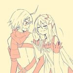  1girl artist_request emil_castagnier flower hair_ornament long_hair lowres marta_lualdi monochrome pink scarf smile tales_of_(series) tales_of_symphonia tales_of_symphonia_knight_of_ratatosk yellow_background 
