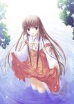  blush brown_eyes brown_hair dress japanese_clothes long_hair miko nimura_yuuji non-web_source skirt_hold solo tsuki_kagerou very_long_hair wading water wet wet_clothes 