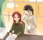  cup desk eyepatch kanata_(sentiment) military military_uniform minna-dietlinde_wilcke mug multiple_girls pen sakamoto_mio strike_witches translated uniform world_witches_series writing 