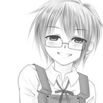  blush glasses greyscale hidamari_sketch monochrome monyopii sae school_uniform short_hair smile solo 