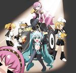  5girls aqua_hair bad_id bad_pixiv_id boots chibi detached_sleeves hachune_miku hatsune_miku kagamine_len kagamine_rin knee_boots massala megurine_luka multiple_boys multiple_girls sitting skirt takoluka thighhighs twintails vocaloid 