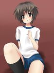  androgynous bad_id bad_pixiv_id blush brown_eyes brown_hair kneehighs little_busters! male_focus masayu naoe_riki open_mouth shorts sitting socks solo sweatdrop 
