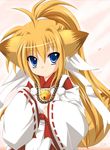  animal_ears bell blonde_hair blue_eyes copyright_request fox_ears fox_tail highres japanese_clothes kazami_karasu long_hair miko solo tail 