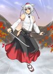  animal_ears bare_shoulders detached_sleeves geta hat houtengeki inubashiri_momiji leaf red_eyes scabbard sheath short_hair skirt solo sword tabi tokin_hat touhou weapon white_hair wolf_ears 