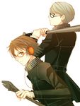  baseball_bat glasses hanamura_yousuke headphones hijiri_ruka male_focus multiple_boys narukami_yuu persona persona_4 school_uniform wrench yasogami_school_uniform 