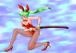  animal_ears bad_id bad_pixiv_id bunny_ears bunnysuit fighting_stance fishnet_pantyhose fishnets green_hair long_hair orange_eyes original pantyhose ponytail ready_to_draw riuill solo sword weapon 