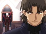  1girl bangs cassock church dark_sakura fate/stay_night fate/unlimited_codes fate_(series) higurashi_ryuuji kotomine_kirei matou_sakura parted_bangs resizing_artifacts 