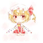  :t ascot blonde_hair chibi flandre_scarlet hands_on_lap hat hat_ribbon looking_away mob_cap ookamisama pout puffy_short_sleeves puffy_sleeves red_eyes ribbon seiza short_hair short_sleeves side_ponytail simple_background sitting sketch skirt skirt_set solo touhou white_background wings 