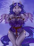  &lt;3 ? blue_hair bottomless bound breasts cleavage clothed clothing collar corset cutie_mark ear_piercing english_text equine feathers female freckles fur hair horn horse leash lingerie long_hair looking_at_viewer mammal moonbrush_(mlp) my_little_pony original_character phathusa piercing pony pubes purple_eyes purple_feathers purple_fur purple_hair pussy pussy_juice rope smile solo standing text thighs wide_hips winged_unicorn wings 