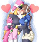  2girls aile breasts capcom eyes_closed green_eyes kiss kissing lluanhyperzero multiple_girls prairie rockman rockman_zx simple_background tongue_kiss yuri 