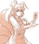  dress fox_tail hat highres kuro_suto_sukii kyuubi long_sleeves monochrome multiple_tails pillow_hat simple_background sketch solo spell_card tabard tail touhou white_background wide_sleeves yakumo_ran 