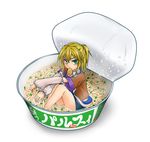  arm_warmers blonde_hair blush cup_ramen food from_above green_eyes in_container in_food looking_at_viewer minigirl mizuhashi_parsee monrooru mouth_hold partially_submerged ponytail short_hair sitting solo touhou 