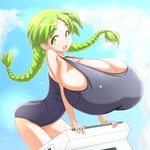  1girl braid breasts bursting_breasts female gigantic_breasts green_eyes green_hair highres ido_kibino kibino_ido long_hair open_mouth shiny shiny_skin smile swimsuit 