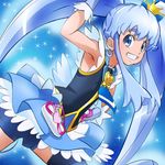  armpits blue_background blue_eyes blue_hair blue_skirt crown cure_princess earrings hand_on_hip happinesscharge_precure! haruyama_kazunori jewelry long_hair magical_girl precure shirayuki_hime shorts skirt solo thighhighs twintails 
