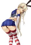  ass bare_shoulders blonde_hair elbow_gloves gloves highleg highleg_panties kantai_collection leaning_forward long_hair looking_at_viewer looking_back marubonman panties school_uniform serafuku shimakaze_(kantai_collection) skirt solo striped striped_legwear thighhighs thong underwear 