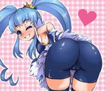  ass bad_id bad_pixiv_id bike_shorts blue_eyes blue_hair blush crown cure_princess happinesscharge_precure! heart long_hair looking_at_viewer looking_back magical_girl nikobun one_eye_closed precure shirayuki_hime solo twintails 
