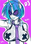  anthro anthrofied blue_hair breasts cleavage clothed clothing equine eyewear female friendship_is_magic glasses hair headphones horn horse lipstick mammal my_little_pony necktie pony skyraptor solo sunglasses tape two_tone_hair unicorn vinyl_scratch_(mlp) 
