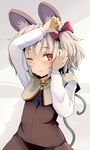  alternate_hairstyle animal_ears arm_up blush bow capelet grey_hair hair_bow hair_ornament hand_in_hair highres ishikkoro jewelry long_sleeves looking_at_viewer mouse_ears mouse_tail nazrin necktie one_eye_closed red_eyes shirt short_hair simple_background skirt skirt_set smile solo tail touhou twintails vest white_shirt 