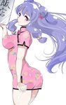  ass bell blush breasts china_dress chinese_clothes double_bun dress hair_bell hair_ornament jingle_bell large_breasts long_hair looking_at_viewer purple_eyes purple_hair ranma_1/2 shampoo_(ranma_1/2) simple_background smile solo white_background yana_(nekoarashi) 