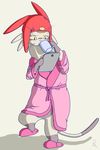  alien bathrobe betelgeusian cat clothed clothing drinking feline fur hat male mammal meow_(space_dandy) pangopotion slippers solo space_dandy tablet whiskers white_fur 