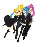  3girls arched_back belt black_dress black_legwear blonde_hair blue_eyes blue_hair boots bridal_gauntlets closed_eyes colored_eyelashes conga_line detached_sleeves dress elbow_gloves eyelashes fingernails formal gloves hands_on_another's_hips hatsune_miku headphones high_heels high_ponytail kagamine_len kagamine_rin laughing leaning_on_person lips long_hair long_ponytail looking_at_viewer megurine_luka multiple_girls nail_polish open_mouth pink_hair pink_nails poaro print_legwear shoes short_dress short_hair siblings side_slit simple_background smile strapless strapless_dress suit texture thigh_boots thighhighs tiara very_long_hair vocaloid white_background wide_sleeves wrist_cuffs zettai_ryouiki 
