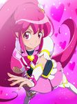  aino_megumi arm_warmers boots bow cure_lovely earrings eyelashes hair_ornament happinesscharge_precure! happy heart high_heels jewelry long_hair looking_at_viewer magical_girl pink pink_background pink_bow pink_eyes pink_hair pink_skirt ponytail precure puffy_sleeves ribbon shirt skirt smile solo thigh_boots thighhighs tj-type1 white_legwear wide_ponytail wrist_cuffs 