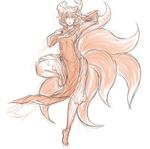  barefoot dress fox_tail full_body hat highres kuro_suto_sukii kyuubi long_sleeves monochrome multiple_tails pillow_hat simple_background sketch solo standing standing_on_one_leg tabard tail touhou white_background wide_sleeves yakumo_ran 