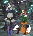  armor breasts canine clothed clothing crossgender female fox fox_mccloud gun hair legwear long_hair mammal midriff nintendo ponytail ranged_weapon rath-raholand scar shorts skimpy skirt small_breasts standing star_fox thigh_highs video_games weapon wolf wolf_o&#039;donnell wolf_o'donnell 