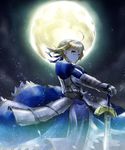  ahoge armor armored_dress artoria_pendragon_(all) blonde_hair dress excalibur fate/stay_night fate_(series) full_moon gauntlets green_eyes hair_ribbon moon nozakuma3 planted_sword planted_weapon ribbon saber solo sword weapon 