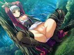  1girl angry areolae arms_up ass bdsm bondage bound breasts breasts_outside censored clenched_teeth darklord_(game) forest game_cg grey_hair highres legs long_hair looking_away natsuhiko nature nipples no_panties pussy rope small_breasts sofina solo squatting sweat teeth thighs tree trees 