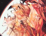  animal_ear_fluff animal_focus blue_eyes cosplay fangs fluffy full_moon grey_eyes highres howling lycanroc lycanroc_(cosplay) lycanroc_(dusk) lycanroc_(midday) lycanroc_(midnight) mokunami moon no_humans open_mouth pokemon red_eyes wolf 