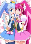  aino_megumi blue_eyes blue_hair blue_skirt cheek-to-cheek crown cure_lovely cure_princess happinesscharge_precure! heart heart_hands heart_hands_duo long_hair looking_at_viewer magical_girl multiple_girls one_eye_closed open_mouth pink_eyes pink_hair ponytail precure shirayuki_hime skirt smile thighhighs third_love twintails wide_ponytail 
